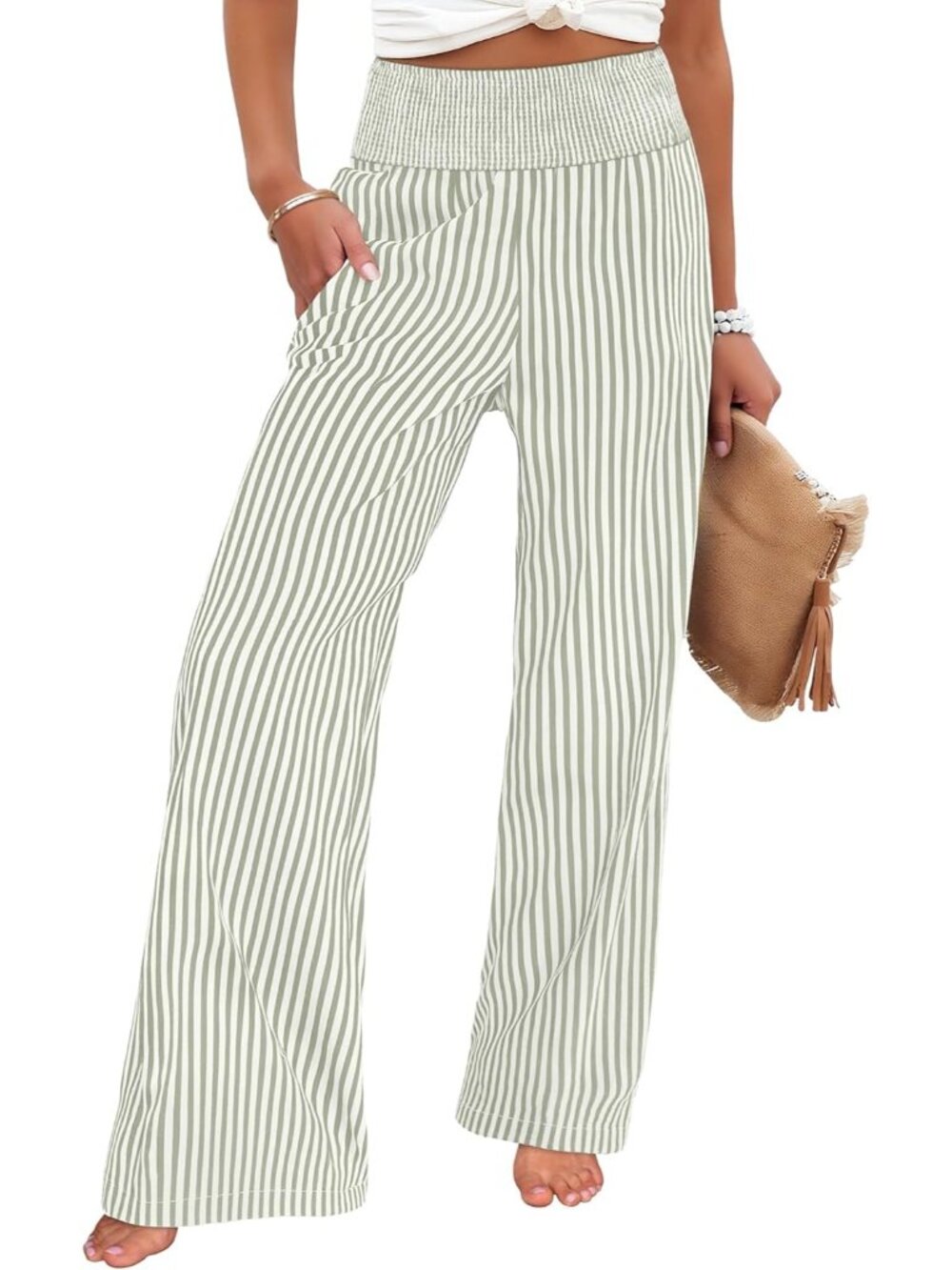 Women's Army Green Stripe Striped Casual Wide Leg High Waisted Palazzo Pants